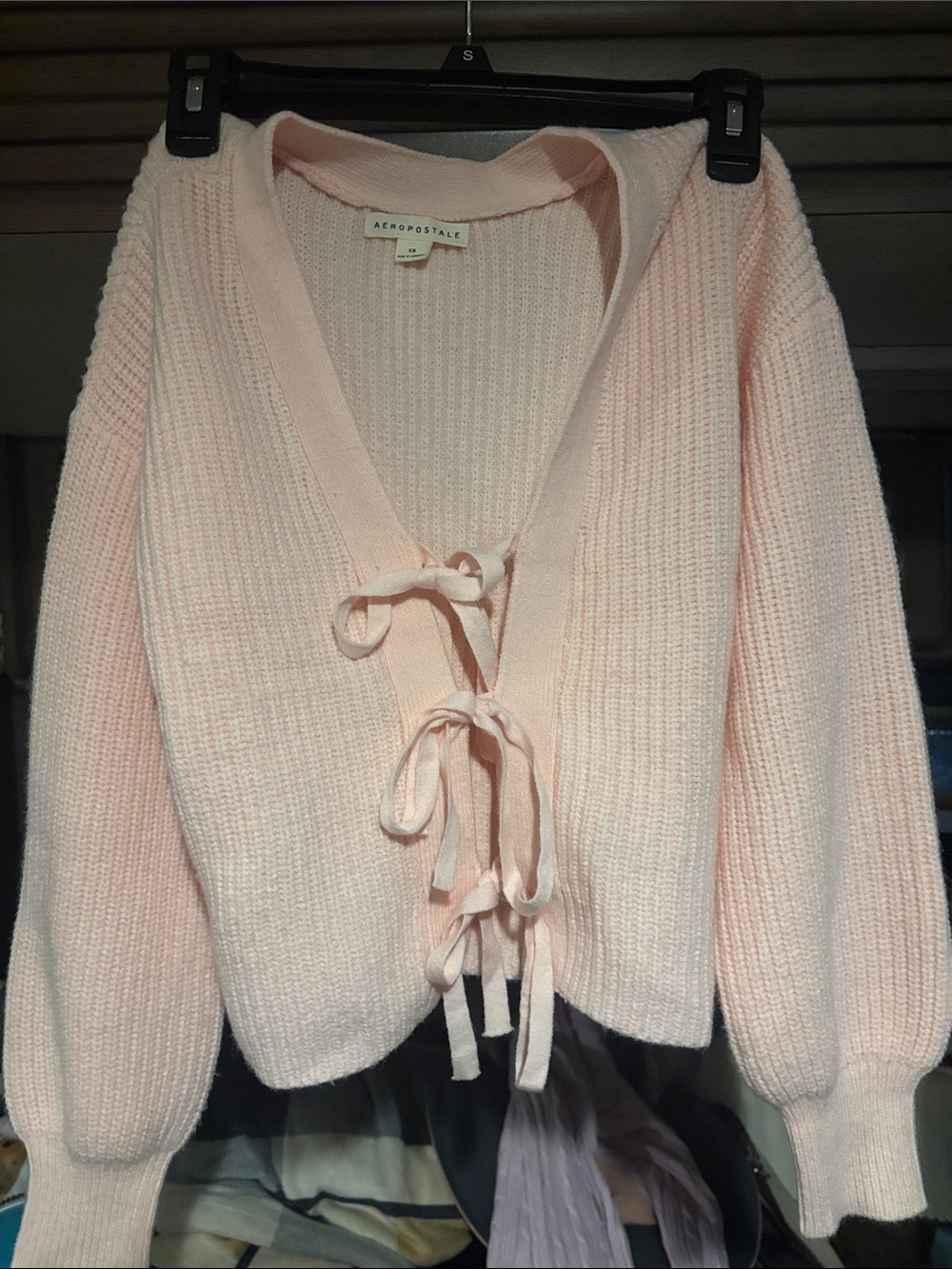 Aeropostale Women's Pale Pink Tie-Front V-Neck Sweater